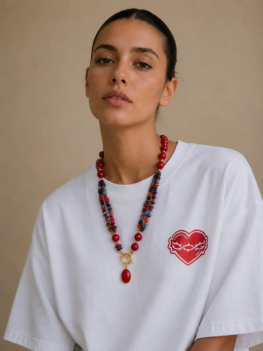 COLLIER CORAIL & PIERRES MULTICOLORES
