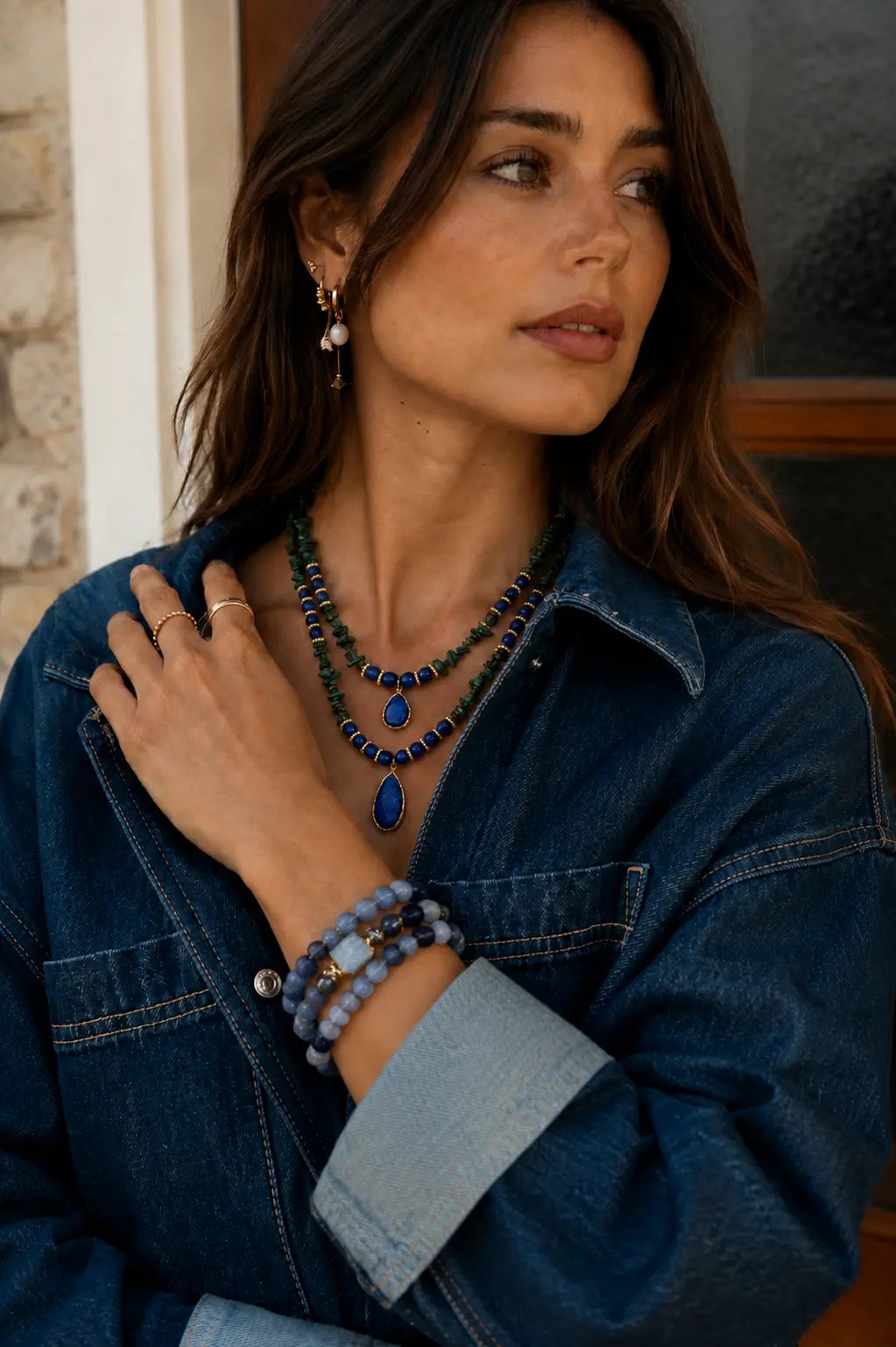 COLLIER MALACHITE & LAPIS DOUBLE PENDENTIF