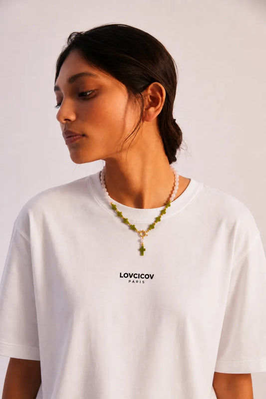 COLLIER QUARTZ ROSE & CROIX DE JADE