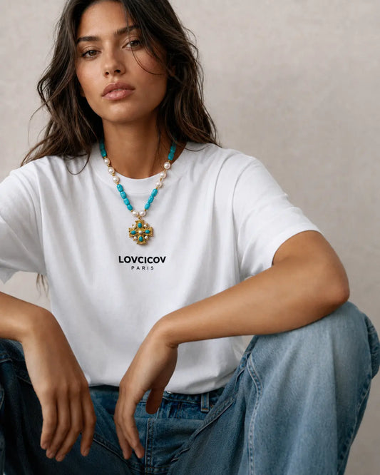 COLLIER TURQUOISE & CROIX PERLÉE
